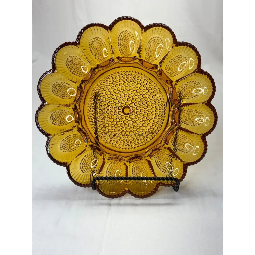 VTG Indiana Glass Tiara Hobnail Amber Deviled Egg Plate Scalloped 15 Slot 11